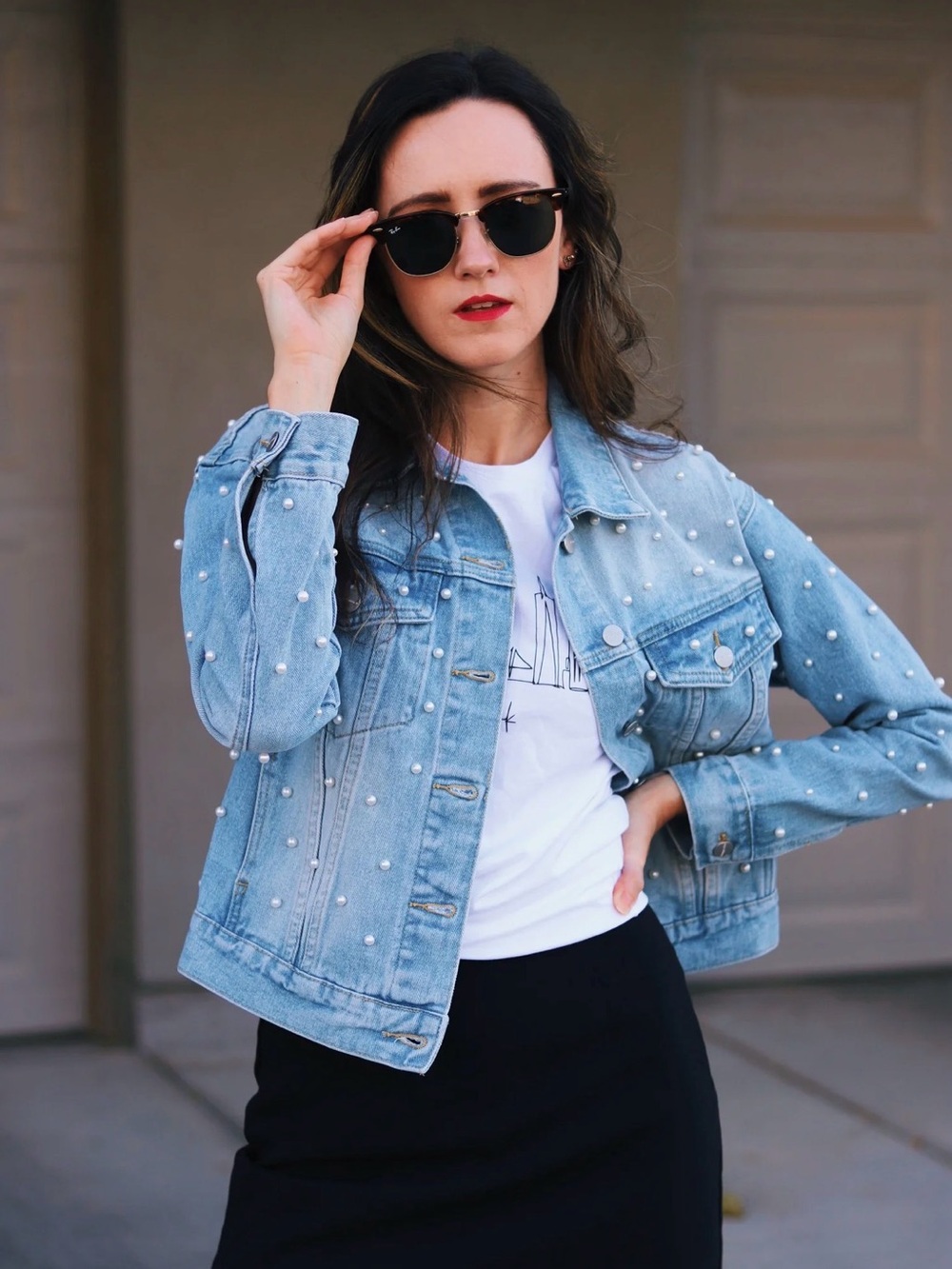 superdown Light Blue Pearl-Studded Denim Jacket
